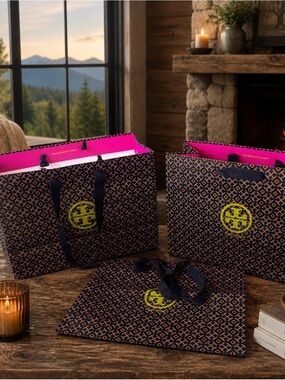 Tory Burch Navy Gift Bags with Neon Yellow Logo 3 bags